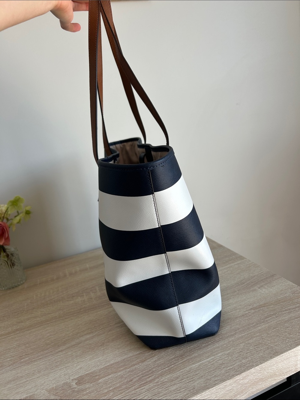 Michael Kors Jet Set Tote - Navy & White Striped Tote with Brown Leather Handles - Picture 6 of 7